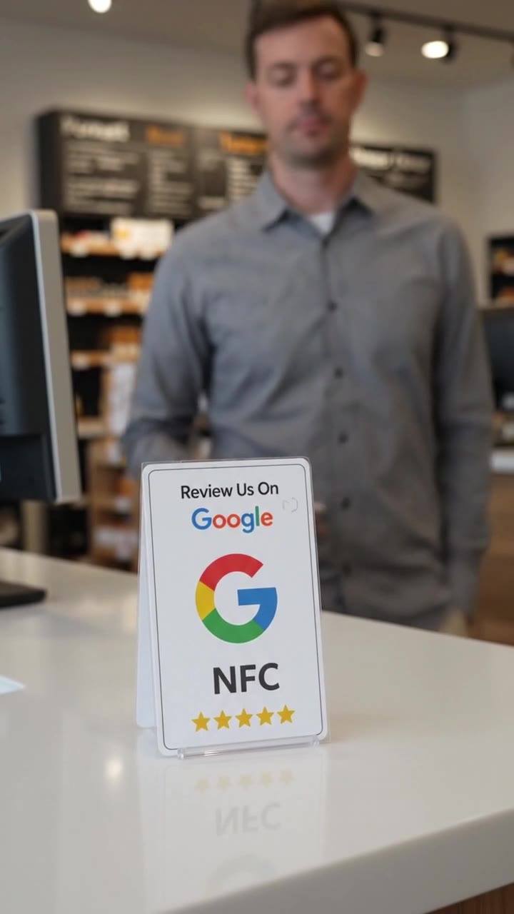 بطاقة تقييم قوقل ماب بتقنية NFC على طاولة المحل